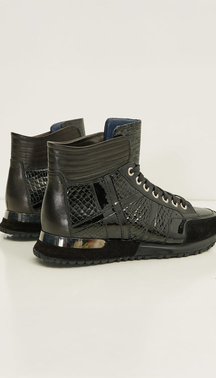 The Croc Hi - Top Leather Sneaker Boots - Black Patent - Ron Tomson