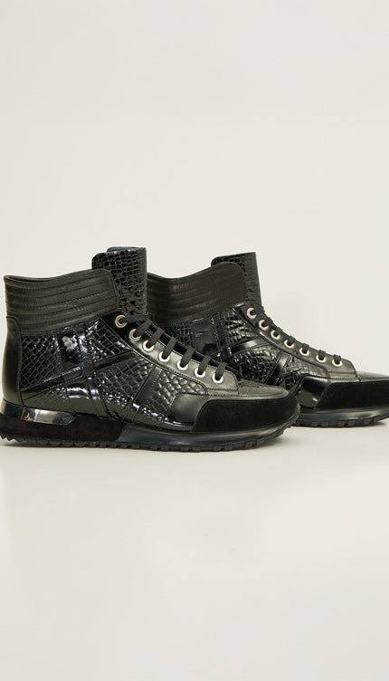 The Croc Hi - Top Leather Sneaker Boots - Black Patent - Ron Tomson