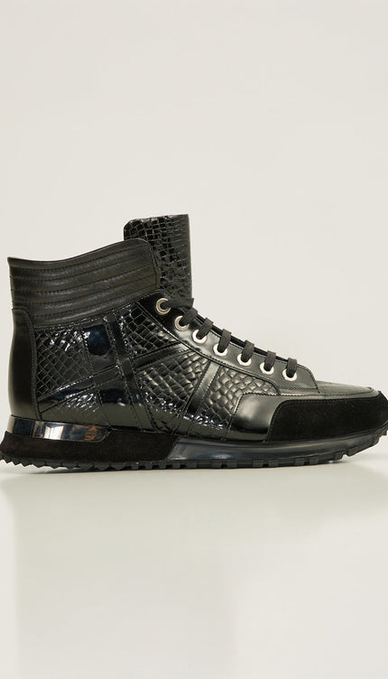 The Croc Hi - Top Leather Sneaker Boots - Black Patent - Ron Tomson