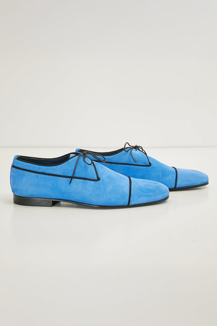 The Formal Leather Cap Toe Derby Shoes - Sky Blue Suede - Ron Tomson