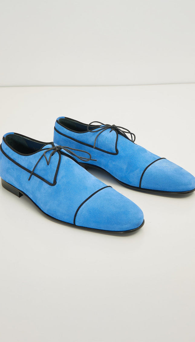 The Formal Leather Cap Toe Derby Shoes - Sky Blue Suede - Ron Tomson