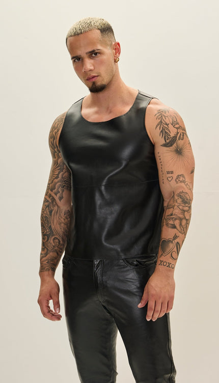 The Lambskin Leather Tank Top - Black - Ron Tomson