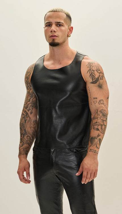 The Lambskin Leather Tank Top - Black - Ron Tomson