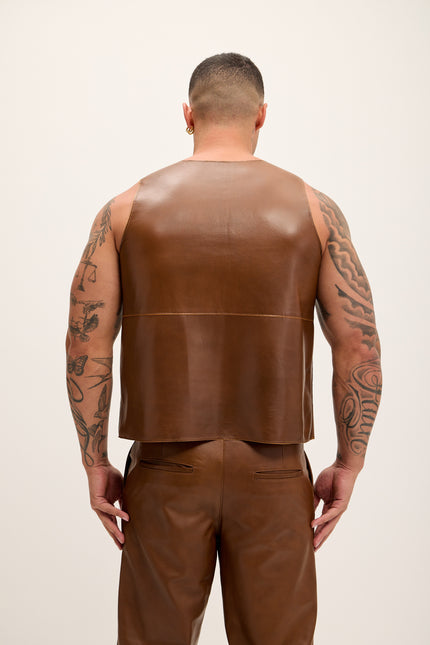 Men's The Lambskin Leather Tank Top - Brown - Ron Tomson Leather