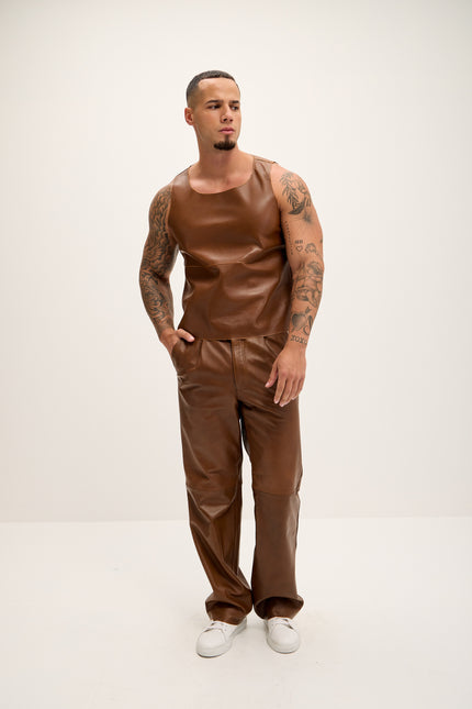 Men's The Lambskin Leather Tank Top - Brown - Ron Tomson Leather