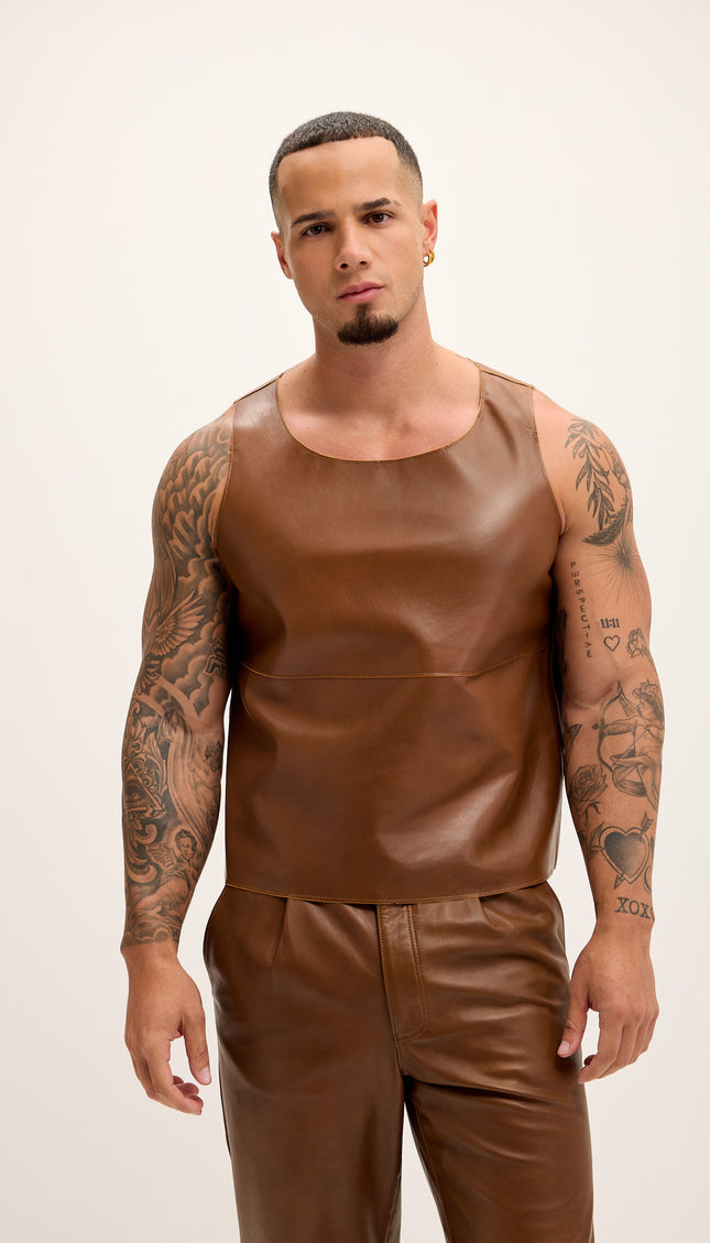 The Lambskin Leather Tank Top - Brown - Ron Tomson