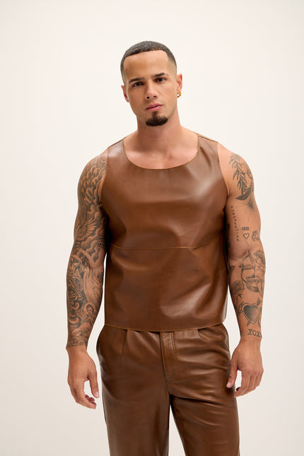 Men's The Lambskin Leather Tank Top - Brown - Ron Tomson