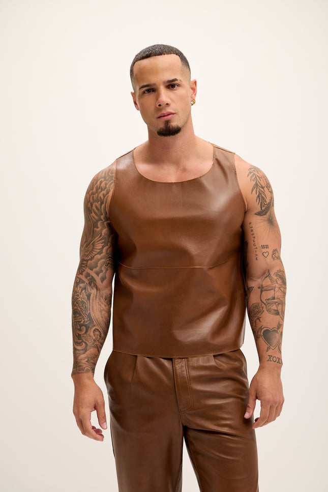Men's The Lambskin Leather Tank Top - Brown - Ron Tomson