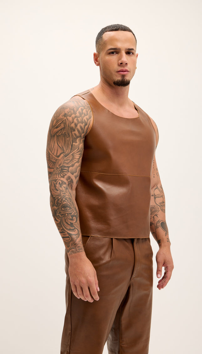 The Lambskin Leather Tank Top - Brown - Ron Tomson