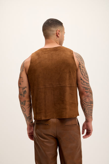 Men's The Lambskin Leather Tank Top - Brown Suede - Ron Tomson Leather