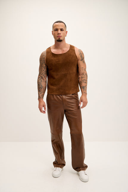 Men's The Lambskin Leather Tank Top - Brown Suede - Ron Tomson Leather