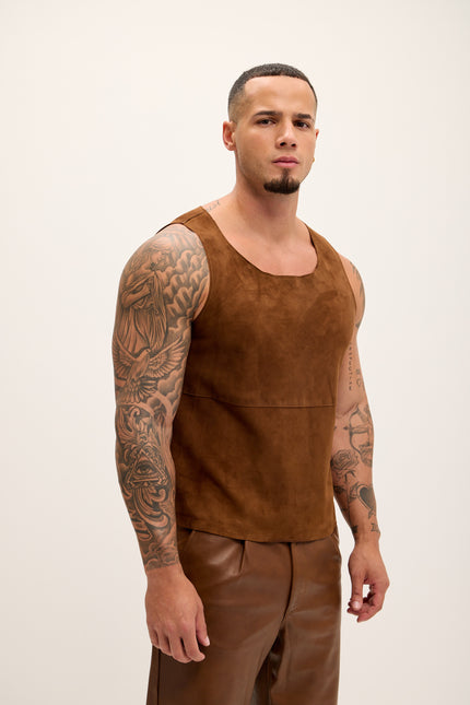 Men's The Lambskin Leather Tank Top - Brown Suede - Ron Tomson Leather