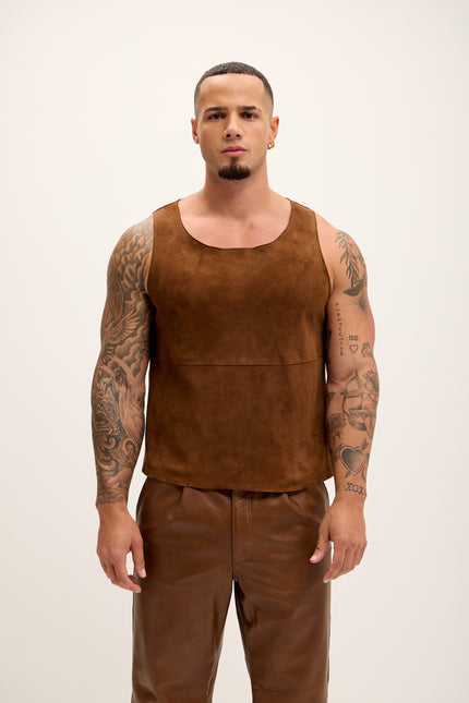 Men's The Lambskin Leather Tank Top - Brown Suede - Ron Tomson