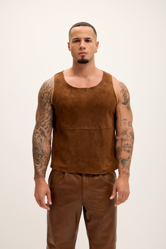 Men's The Lambskin Leather Tank Top - Brown Suede - Ron Tomson
