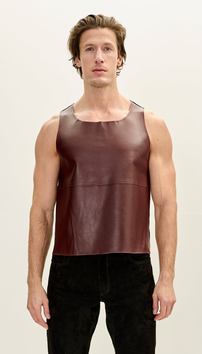 The Lambskin Leather Tank Top - Burgundy - Ron Tomson