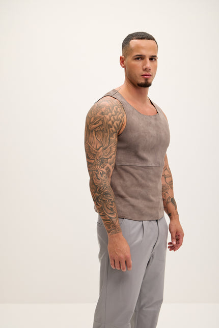 Men's The Lambskin Leather Tank Top - Grey Suede - Ron Tomson Leather
