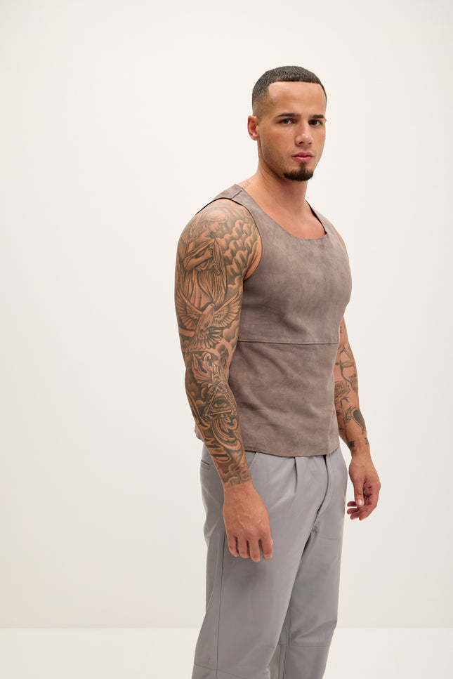 Men's The Lambskin Leather Tank Top - Grey Suede - Ron Tomson Leather