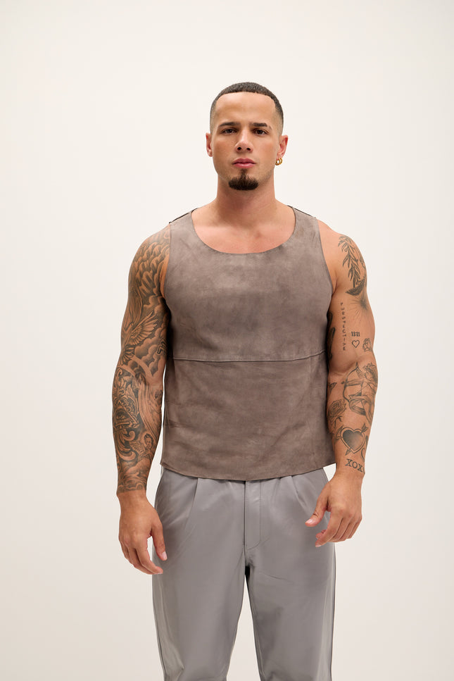 Men's The Lambskin Leather Tank Top - Grey Suede - Ron Tomson