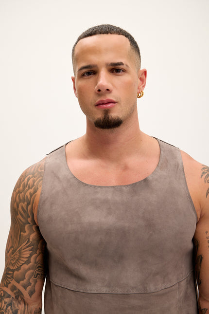 Men's The Lambskin Leather Tank Top - Grey Suede - Ron Tomson Leather