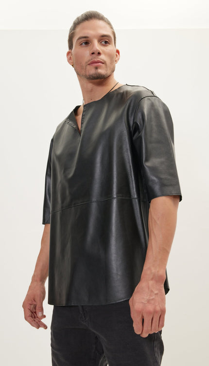 The Lambskin Leather Three Quarter V Neck Shirt - Black - Ron Tomson