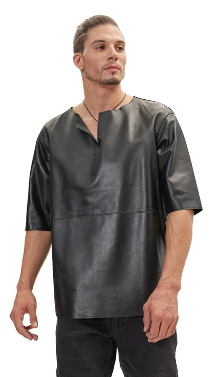 The Lambskin Leather Three Quarter V Neck Shirt - Black - Ron Tomson
