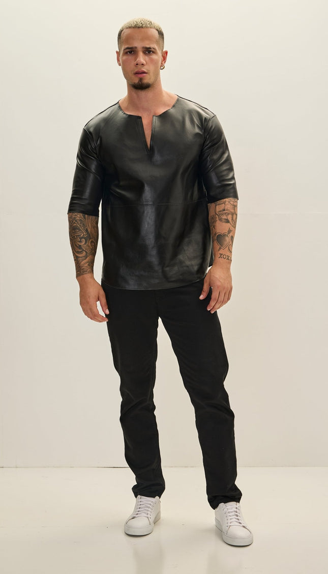 The Lambskin Leather Three Quarter V Neck Shirt - Black - Ron Tomson