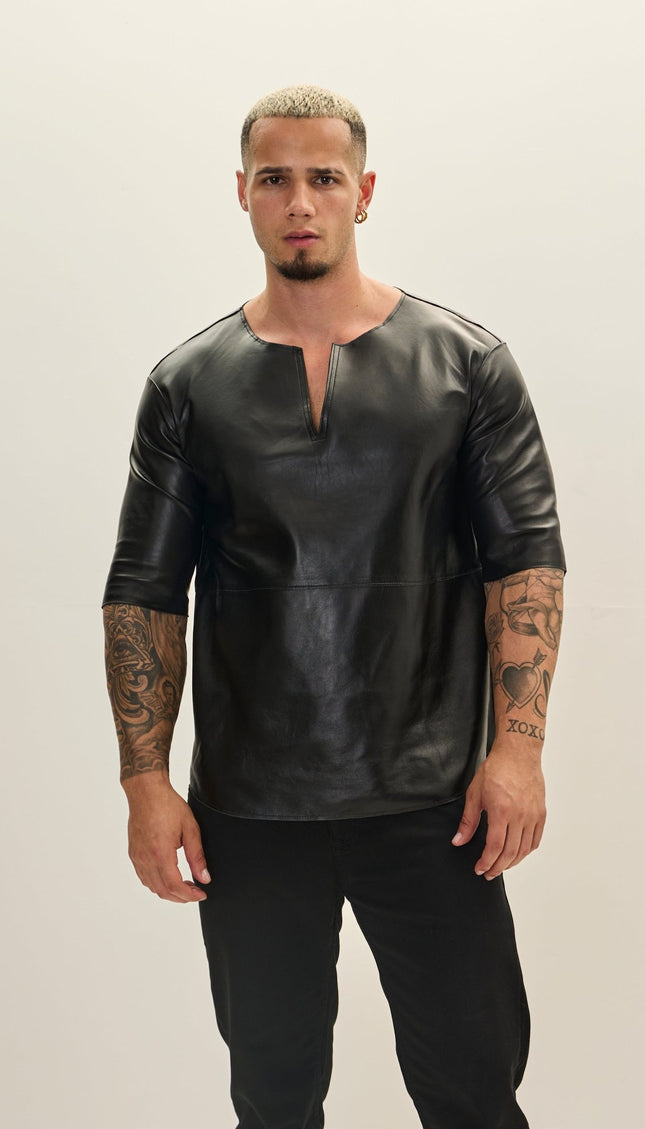 The Lambskin Leather Three Quarter V Neck Shirt - Black - Ron Tomson