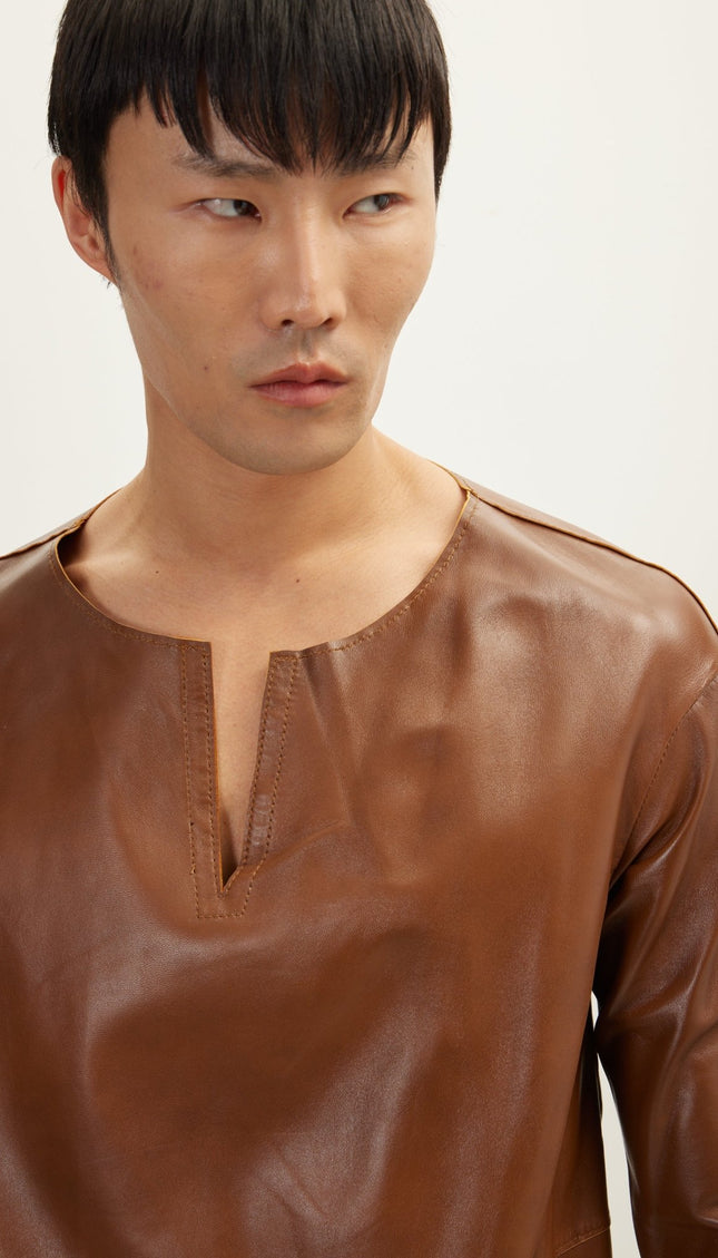 The Lambskin Leather Three Quarter V Neck Shirt - Brown - Ron Tomson