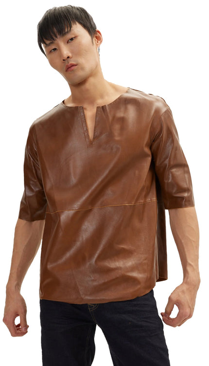 The Lambskin Leather Three Quarter V Neck Shirt - Brown - Ron Tomson