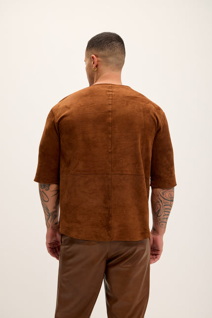 Men's The Lambskin Leather Three Quarter V Neck Shirt  - Brown Suede - Ron Tomson Leather