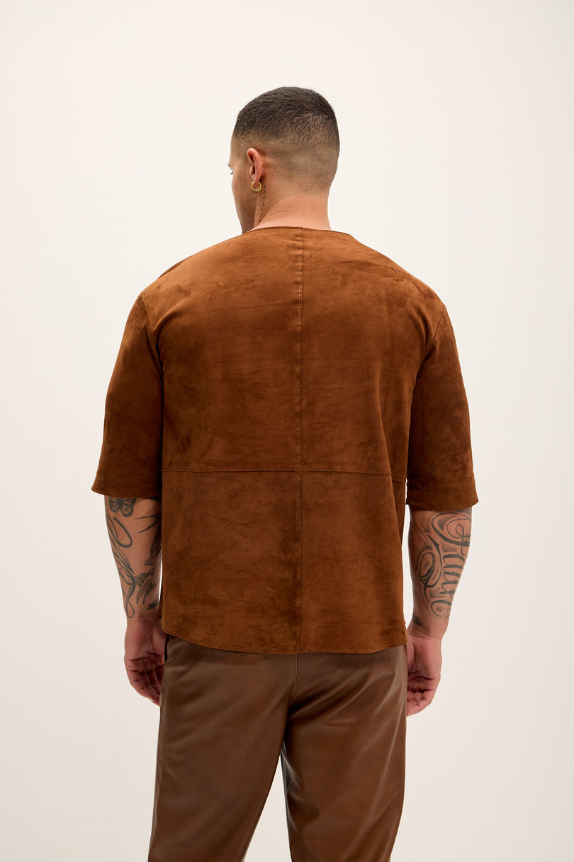 Men's The Lambskin Leather Three Quarter V Neck Shirt  - Brown Suede - Ron Tomson Leather