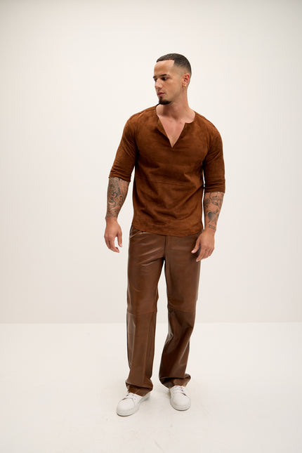 Men's The Lambskin Leather Three Quarter V Neck Shirt  - Brown Suede - Ron Tomson Leather