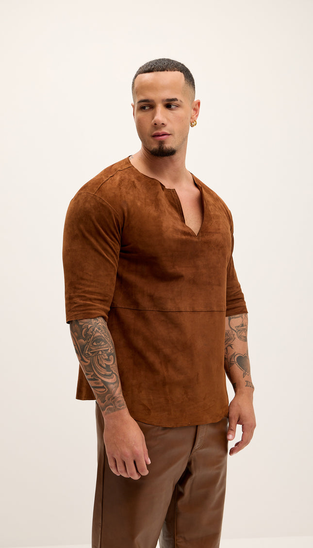 The Lambskin Leather Three Quarter V Neck Shirt - Brown Suede - Ron Tomson