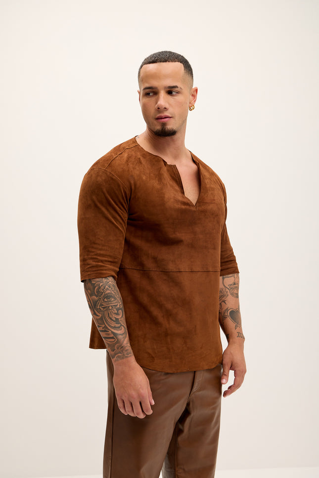 Men's The Lambskin Leather Three Quarter V Neck Shirt  - Brown Suede - Ron Tomson Leather