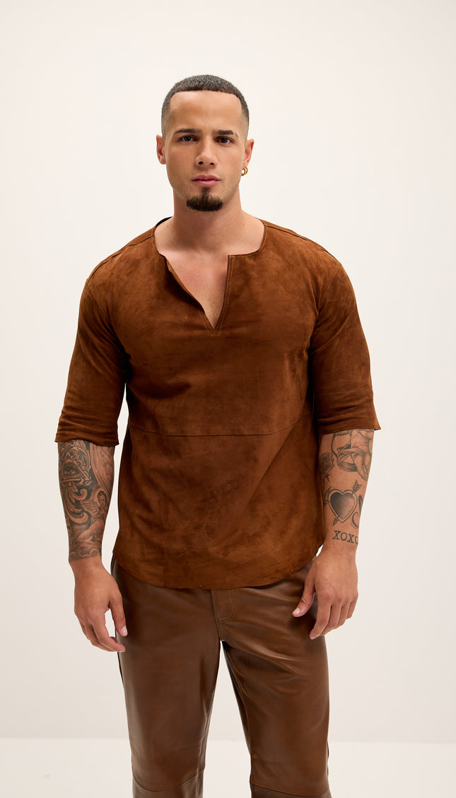 The Lambskin Leather Three Quarter V Neck Shirt - Brown Suede - Ron Tomson