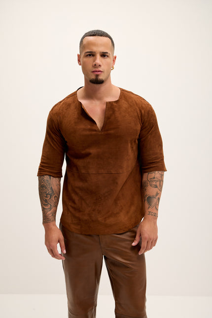 Men's The Lambskin Leather Three Quarter V Neck Shirt  - Brown Suede - Ron Tomson