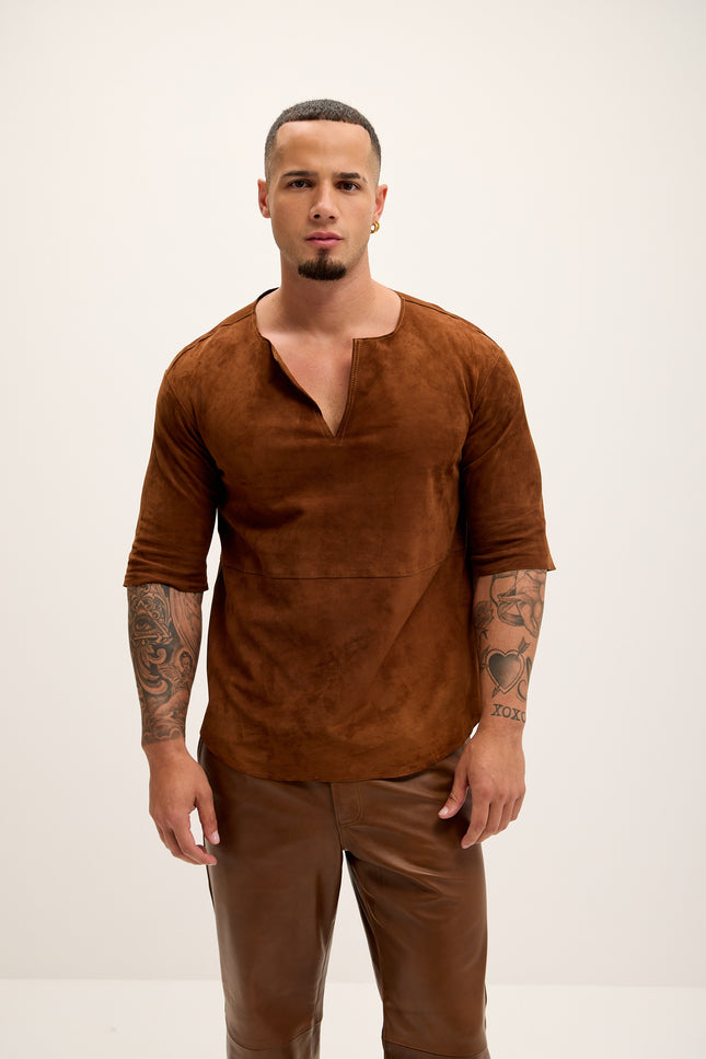 Men's The Lambskin Leather Three Quarter V Neck Shirt  - Brown Suede - Ron Tomson