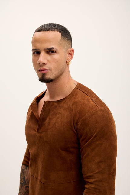 Men's The Lambskin Leather Three Quarter V Neck Shirt  - Brown Suede - Ron Tomson Leather