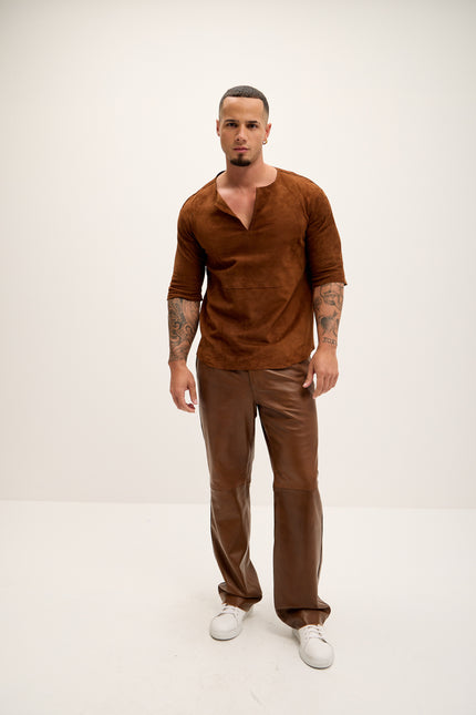 Men's The Lambskin Leather Three Quarter V Neck Shirt  - Brown Suede - Ron Tomson Leather