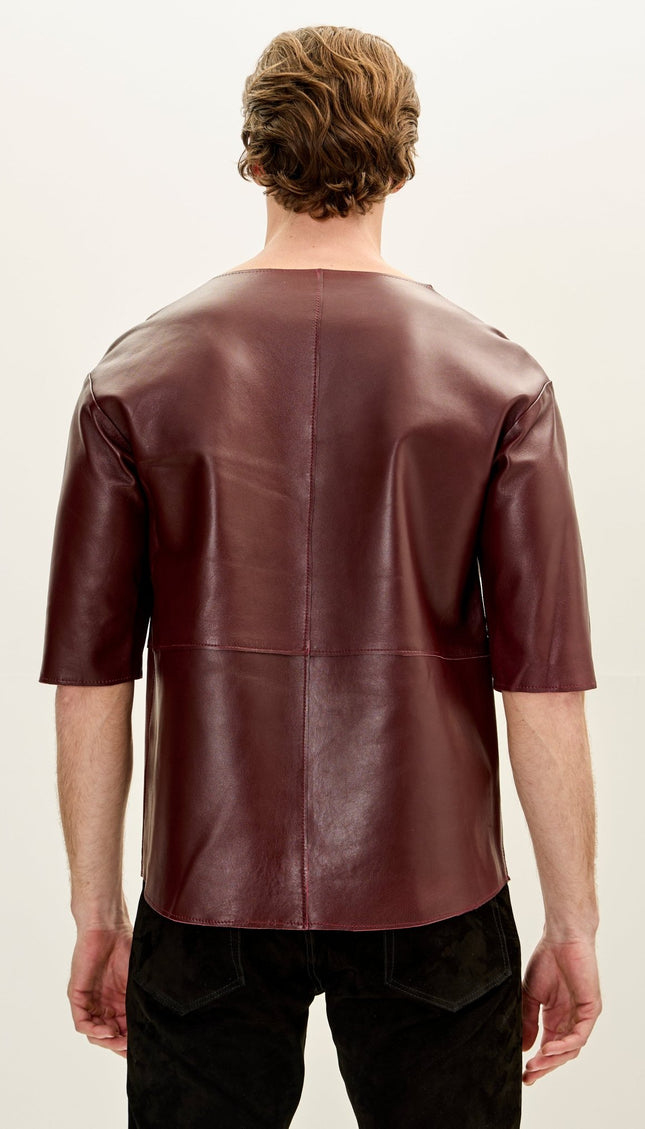 The Lambskin Leather Three Quarter V Neck Shirt - Burgundy - Ron Tomson