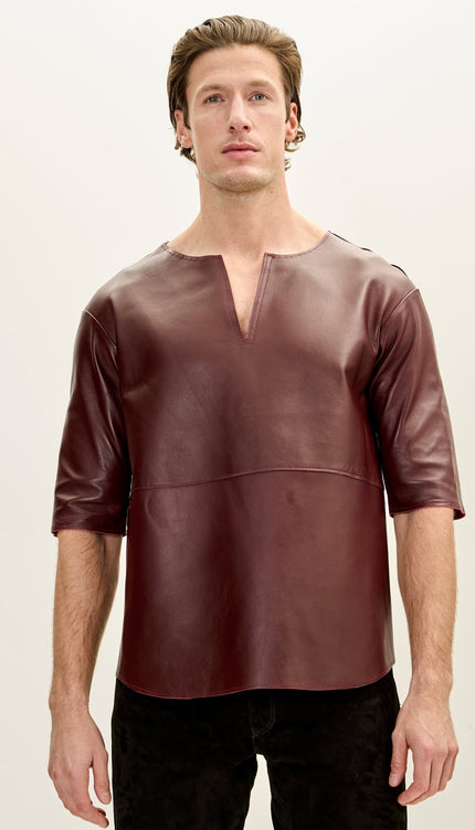 The Lambskin Leather Three Quarter V Neck Shirt - Burgundy - Ron Tomson