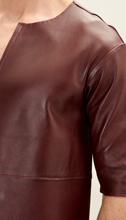 The Lambskin Leather Three Quarter V Neck Shirt - Burgundy - Ron Tomson