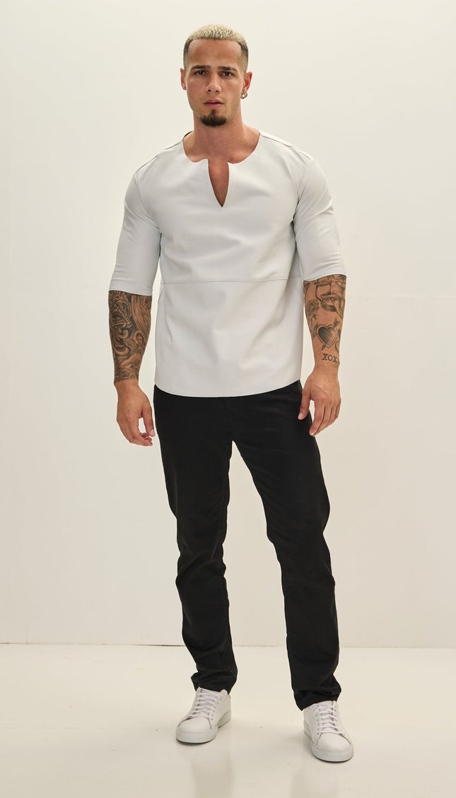 The Lambskin Leather Three Quarter V Neck Shirt - White - Ron Tomson