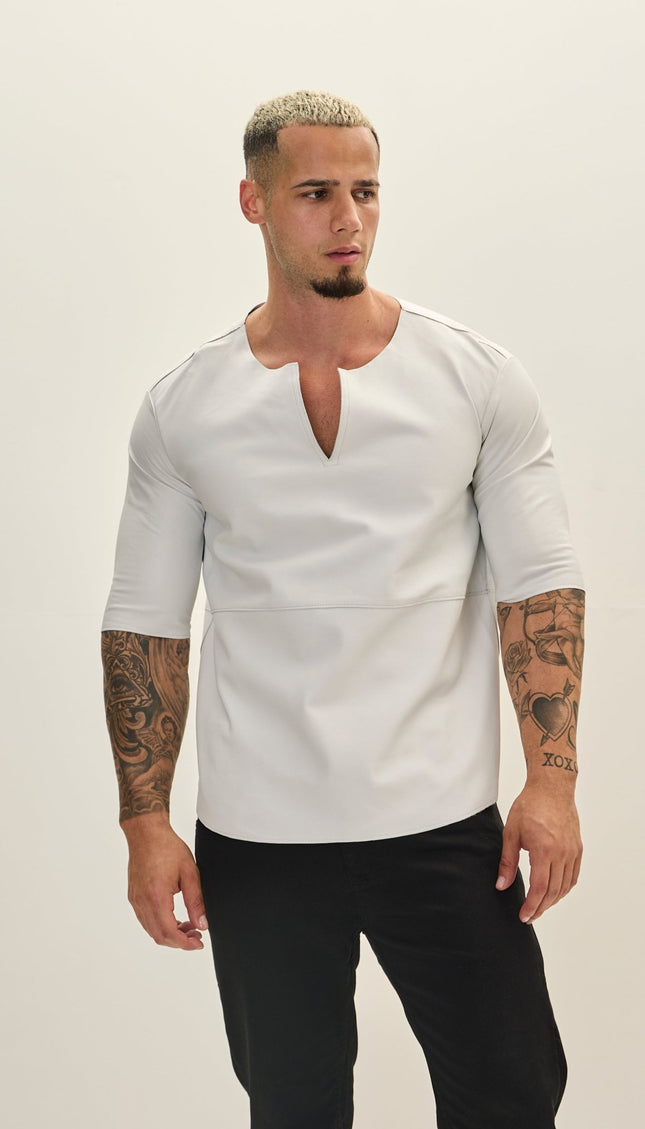 The Lambskin Leather Three Quarter V Neck Shirt - White - Ron Tomson