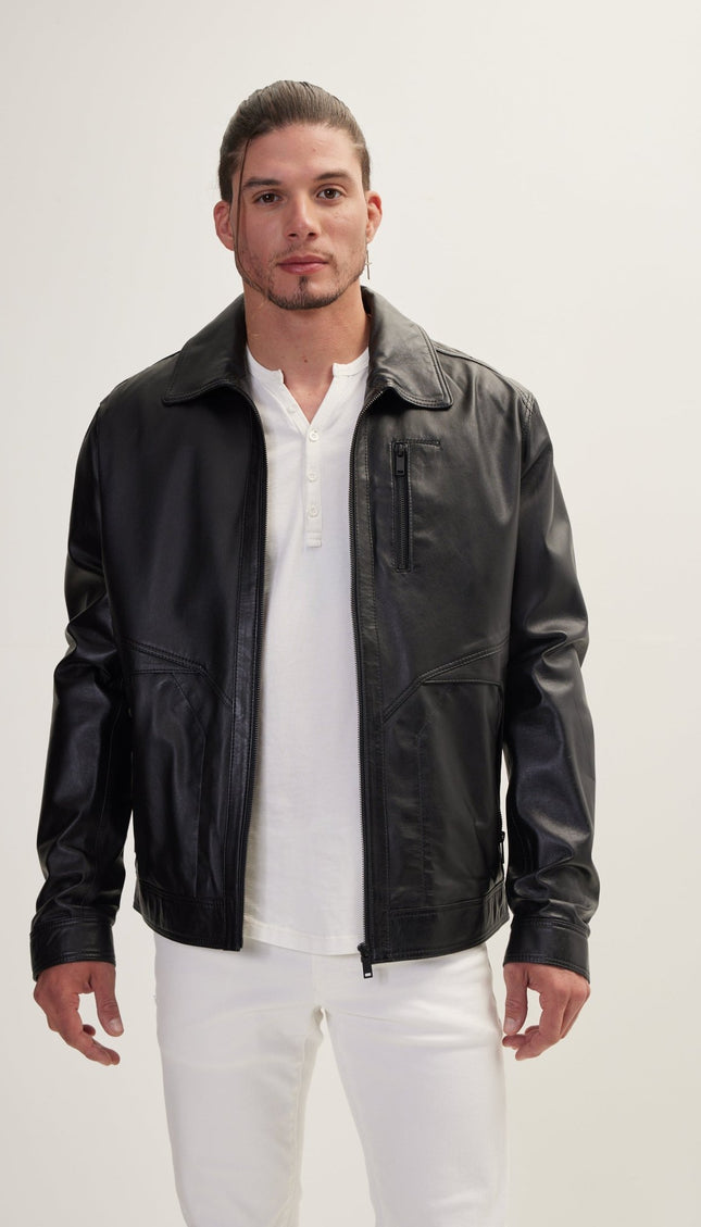 The Minimalist Leather Jacket With Zipper Closure - Black - Ron Tomson