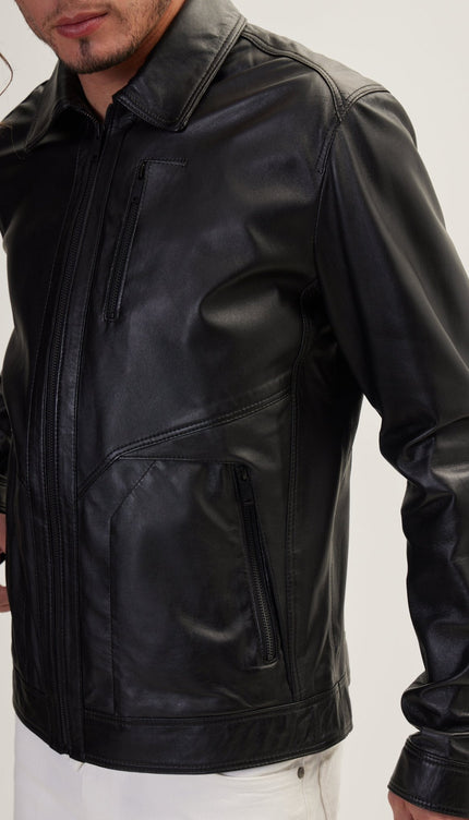 The Minimalist Leather Jacket With Zipper Closure - Black - Ron Tomson