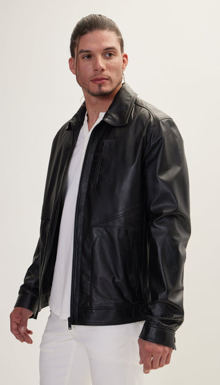 The Minimalist Leather Jacket With Zipper Closure - Black - Ron Tomson