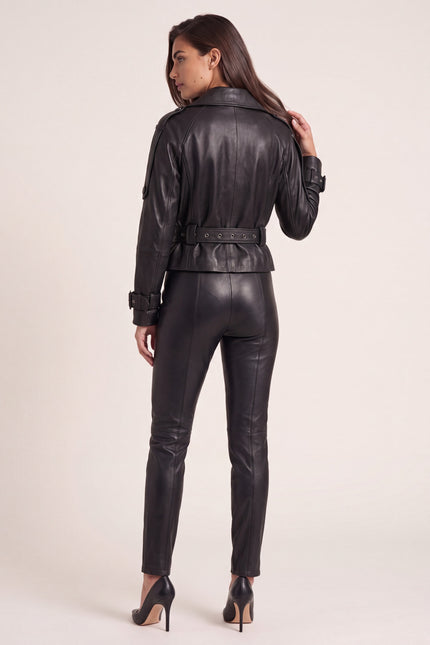 Double-Breasted Leather Jacket - Black - back view