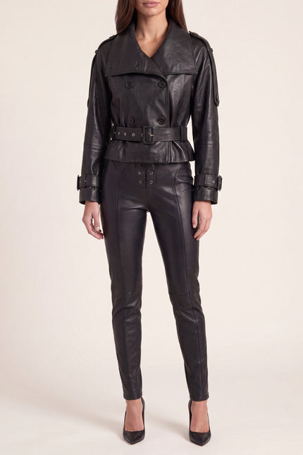 Double-Breasted Leather Jacket - Black - detail view