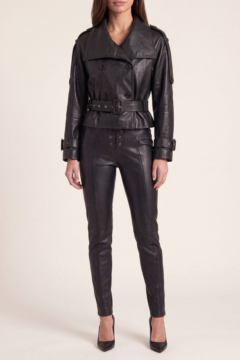 Double-Breasted Leather Jacket - Black - detail view